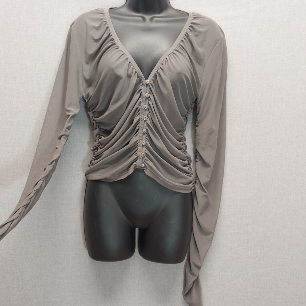 Y2K Mesh Ruched Button Front Top Women XL Gray Fairy Grunge Coquette Stretch - Picture 4 of 12